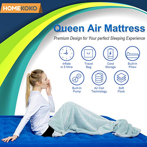 HOMEKOKO Queen Air Mattress with Built-in Electric Pump and Pillow, Inflatable Bed Portable Mattress Double High Queen Airbed,Blue