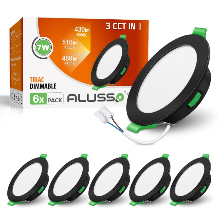 ALUSSO LED Recessed Ceiling Lights, 7W 580LM LED Downlights Dimmable, 30MM Ultra Slim Round Black Spotlights, Warm White/Neutral White/Cool White Adjustable, IP44 Waterproof for Bathroom, 6 Pack