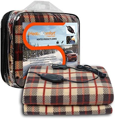 Sojoy iHealthComfort 12V Electric Heated Travel Blanket with Intelligent High, Medium, Low Temp 30/45/60 mins Timer Auto…