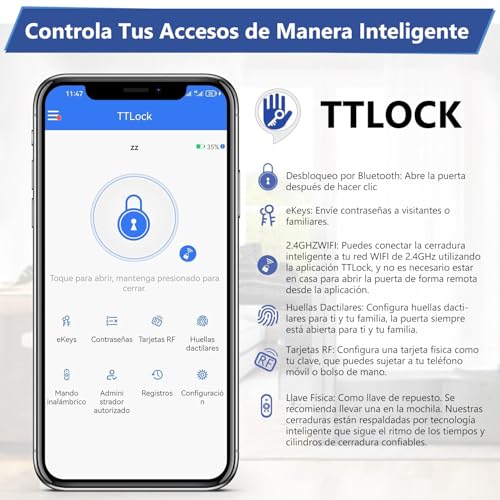 LOKOOY Cerradura Inteligente L2 WIFI, Alarma Anti-forzamiento, 6 Métodos de Apertura, WIFI/App/TT LOCK App Bluetooth/Huella Digital/Tarjeta IC, Negro