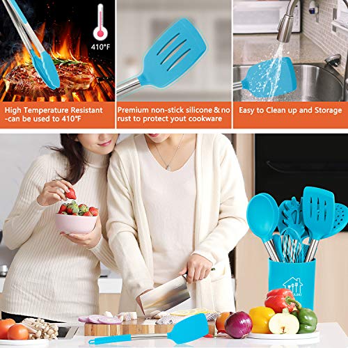 Silicone Cooking Utensil Set, AILUKI Kitchen Utensils 14 Pcs Cooking Utensils Set,Non-stick Heat Resistant Silicone,Cookware with Stainless Steel Handle - Blue - Thumbnail 3