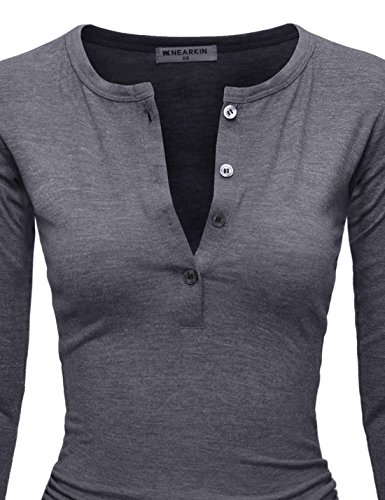 NEARKIN (NKNKWMD721 Womens Figure Hugging Shirred 3/4 Sleeve Henley Midi Dress Darkgray US L(Tag Size XL) - Thumbnail 3
