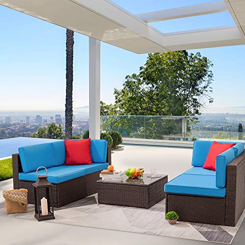 KaiMeng 5 Pieces Patio Furniture Clearance Rattan Chair Indoor-Outdoor Sectional Conversation Set Cushioned with Glass Table, Blue