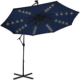 wikiwiki 10ft Solar LED Offset Hanging Market Cantilever Patio Umbrella for Backyard, Poolside, Lawn and Garden, Easy Tilt Adjustment, Polyester Shade & Cross Base, Navy
