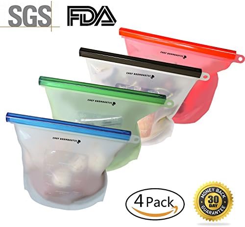Reusable Silicone Food Storage Bag, Snack, Sandwich Bags, Food Grade liquid or Dry Food Container, Leak proof Fridge, Freezer, Oven, Steamer, Microwave Safe Preservation Bags 4 pcs