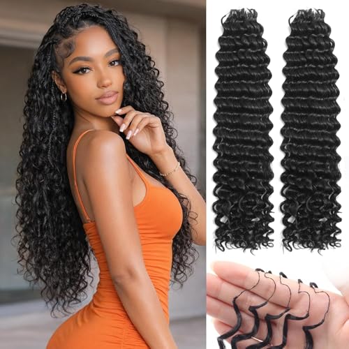 Feather Crochet Hair for Black Women, 100 Strands 140g Deep Wave Crochet Hair for Miracle Knots Hair Pre Separated Invisible Deep Curly Crochet Hair Natural Black (1B#, 18 Inch(100Strands))