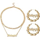 BELUCKIN Hip Hop Bamboo Hoop Earrings for Women Stainless Steel Old English Letter Pendant Necklace 80s/90s Costume Accessory Party Jewelry Set