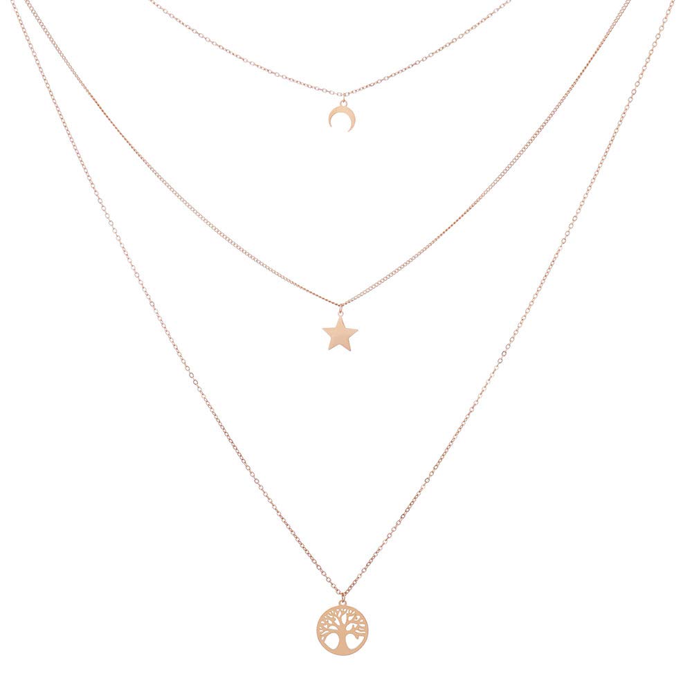 Multi-Layer Necklace Tree of Life/Star/Moon Pendant Anti-Allergic Stainless Steel Women Necklace Fashion Jewelry Gift for Friends,Mother