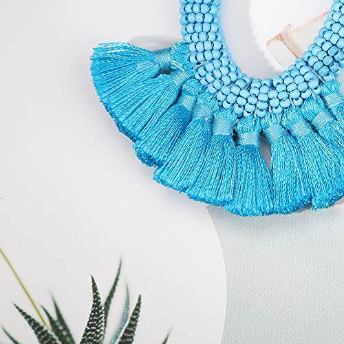 Women's Beaded Tassel Earrings Long Fringe Drop Bohemian Earings Dangle 7 Colors (Bead-Blue)