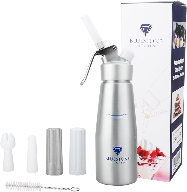 Bluestone Kitchen Professional Whipped Cream Dispenser 1-pint- Aluminum Cream Whipper with 3 Decorating Tips. 2 x N2O Cartridge Holders, Silver. Uses Standard 8g N2O Cream Chargers (not included)