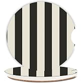 2 Pcs Cute Black Brown Cream Stripes Ceramic Car Coasters for Cup Holders | Absorbent car cup holder coaster set with finger notch aesthetic interior accessories for women girls vehicle