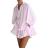 Sotimoon Womens 2 Piece Outfits Ruffle Trim Long Sleeve Button Down Shirt and Shorts Casual Striped Lounge Sets