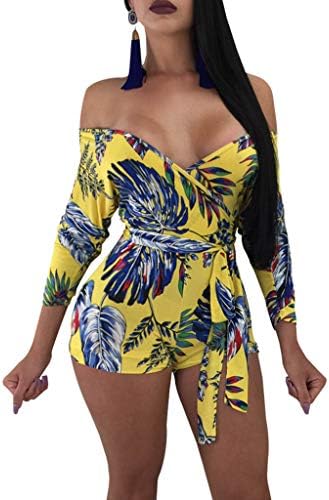 Women's Off Shoulder Floral Rompers Shorts Bodycon Jumpsuits with Belt Clubwear