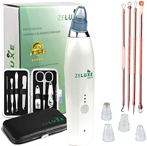 Blackhead Remover - Vacuum Deep Pore Cleaner - Comedone Remover Kit with 4 Different Caps - Includes Gift Manicure Set for Removing Whiteheads, Spots, Blackheads