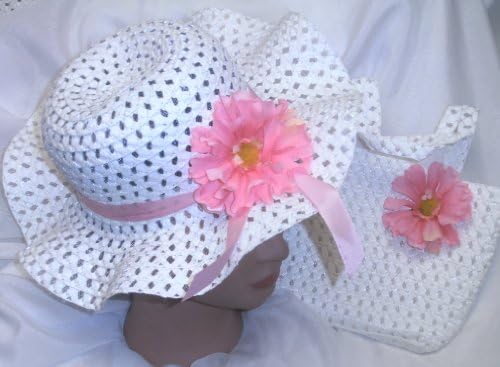 Girls Spring Hat Easter Hat Bag Set White Bright Pink Flower Easter Bonnet Teaparty