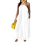BestGirl Women's Casual Loose Plus Size Jumpsuits Stripe Print Spaghetti Strap Wide Leg Pants with Pockets