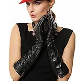 Suntasty Ladies Lambskin Genuine Long Leather Glove For Women Black