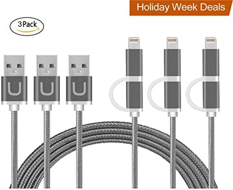 Upow 2-in-1 Nylon Braided lightning and Micro USB Cable High Speed Sync and Charging Cable Cord (1M/3.3FT) (3 Pack) (Space Grey)