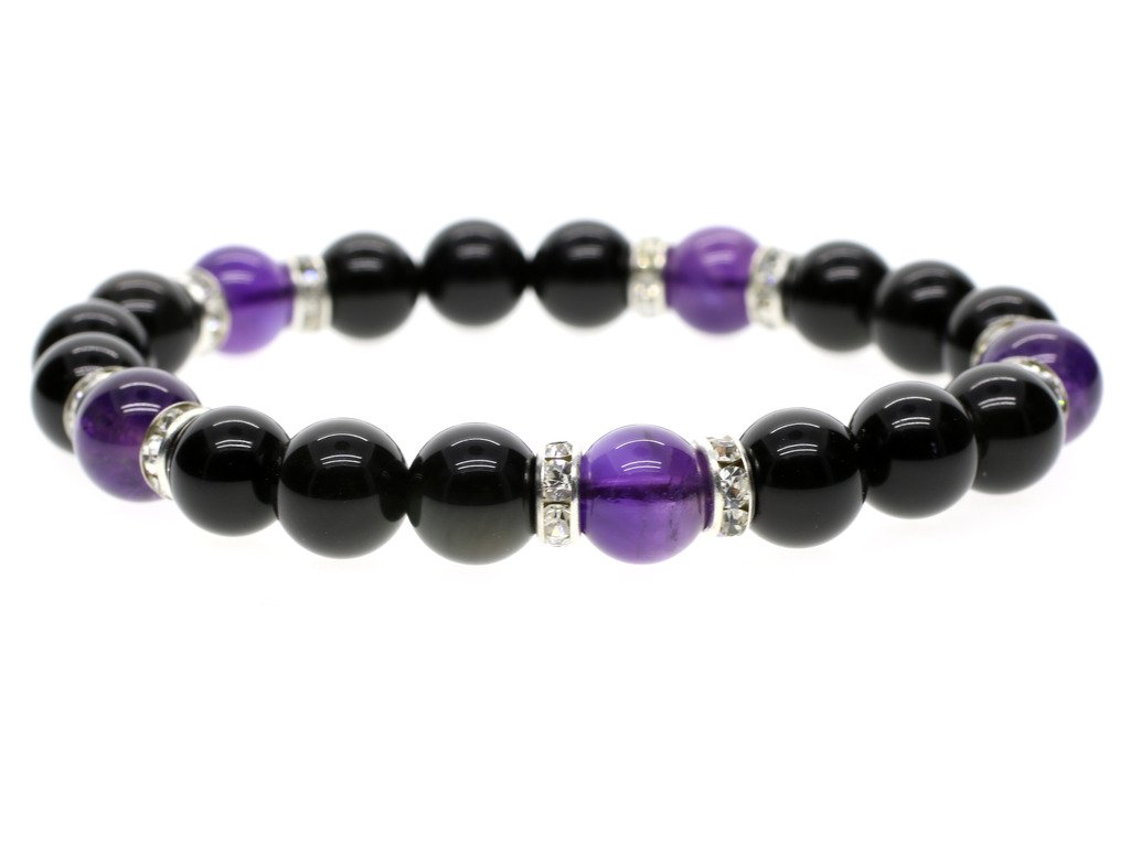 COAI Women's Beaded Bracelet Crystal Bracelet, Amethyst Obsidian, 5.5-6.25" (14-16cm), Black, Amethyst