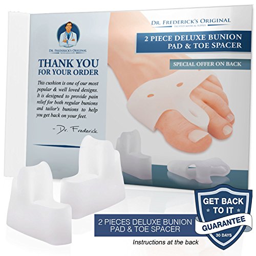 dr. frederick's original deluxe bunion pad & toe spacer - 2 piezas - separadores de dedos de gel suave para personas activas - alivio del dolor para juanetes y juanetes de sastre - trabajo pesado