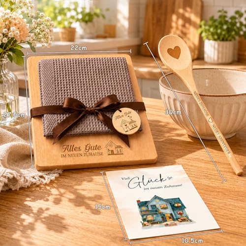 Giftota Housewarming Gifts - New Home Gift with Engraved Wooden Chopping Board, Cotton Kitchen Towel & Cooking Spoon Heart - House Warming, Home & Topping Out Party Gift