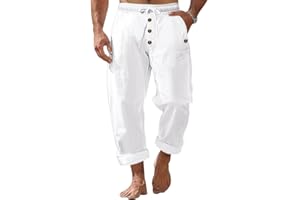 TRFIC Mens Cotton Linen Pants Casual Summer Vacation Baggy Beach Pants Buttoned Drawstring Yoga Trousers with Pockets