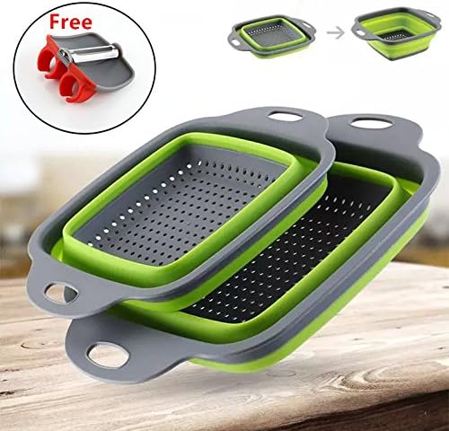 Collapsible Colander Set and Handy Vegetable Peelers, 2 Pcs of Silicone Foldable Vegetable/Fruit Strainer Cleaning Basket Space-saving Creative Kitchen Washing Tool, Finger Protected Fruit Peeler