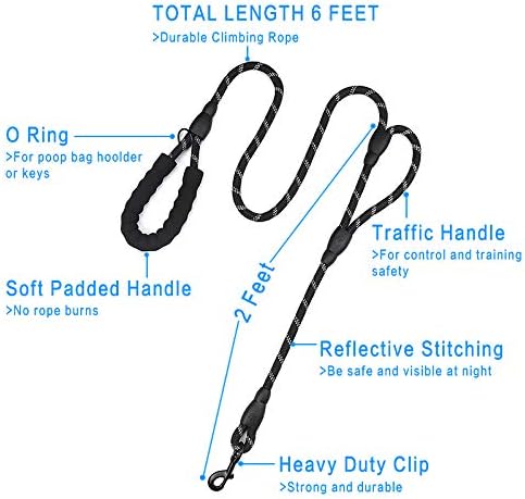 Strong Rope Dog lead 6ft Long with Two Padded Handles,Heavy Duty,Reflective Double Handle Training Dog Lead for Large Dogs or Medium Dogs,Dual Handles Leash(Black) - Image 3