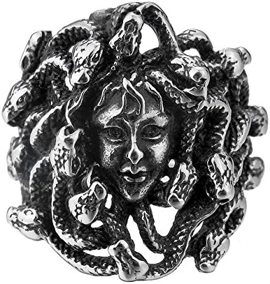LILILEO Jewelry Stainless Steel Ring Silver Tone Black Greek Mythology Medusa Snake For Men's Rings