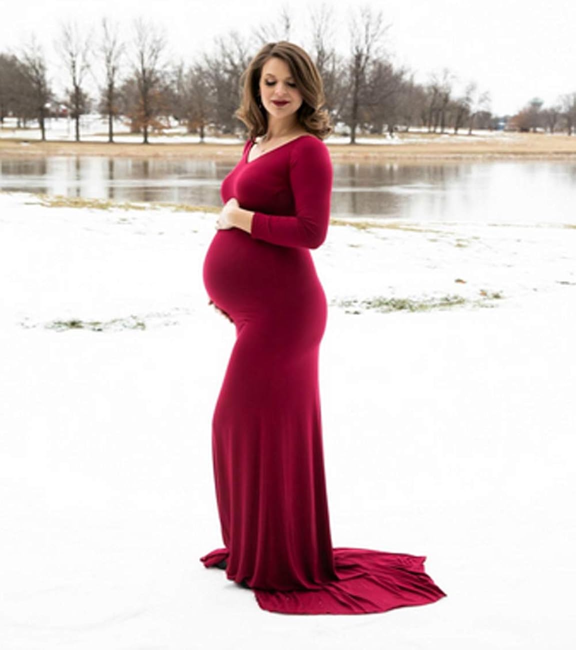 JustVH Maternity Elegant Fitted Maternity Gown Long Sleeve Cross-Front V Neck Slim Fit Maxi Photography Dress for Photoshoot at  Women’s Clothing store