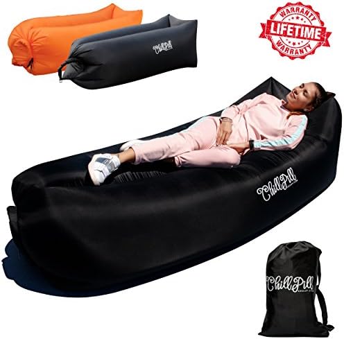 ChillPill Inflatable Lounger Hammock-Comfortable Blow Up Air Lounger for Outdoor Use–Portable Lounge Chair with Side Pocket,Stakes,Bottle Opener and Carry Bag–Lightweight Oxford Nylon Air Couch