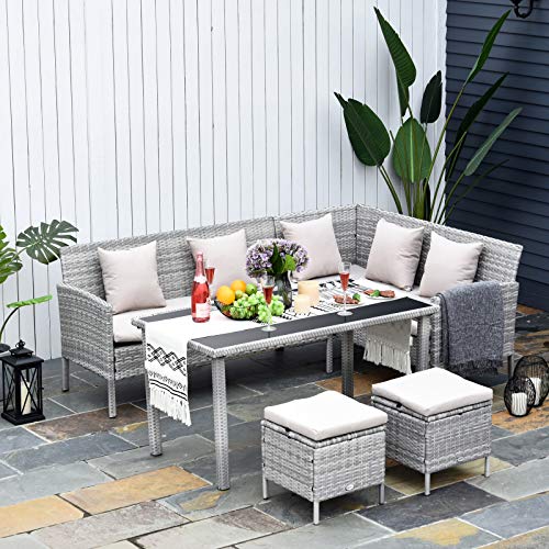 Outsunny 5-TLG. Gartenmöbel Set, Rattan Sitzgruppe mit Fußhocker, Metall, Grau, 134 x 60 x 75 cm – Bild 3