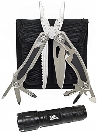 EdgeWorks 13-in-1 Heavy Duty Multitool and Black Aluminum Flashlight Kit in a 2 Chamber Nylon Hip Pouch