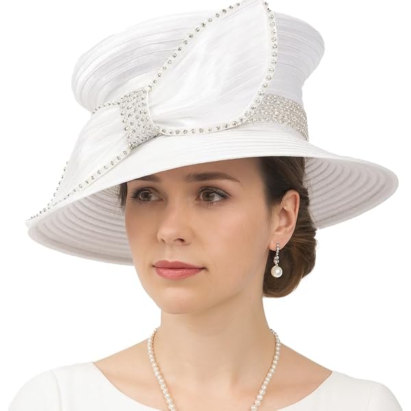 PGTEN Elegant Women White Church Hat with Rhinestone Trim  display picture 2