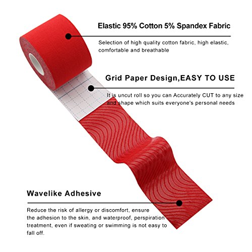 MUEUSS Kinesiology Tapes Uncut Waterproof Hypoallergenic Breathable Elastic Roll for Knee Ankle Muscles Elbow Shoulder Latex Free 16.5 ft (Red, 1 pc/Set)