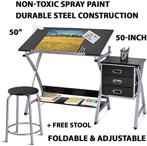 50-inch Adjustable Drafting Table Art & Craft Drawing Desk Art Hobby Folding Craft Table Station with Stool and 3 Storage Drawers (Black 50")