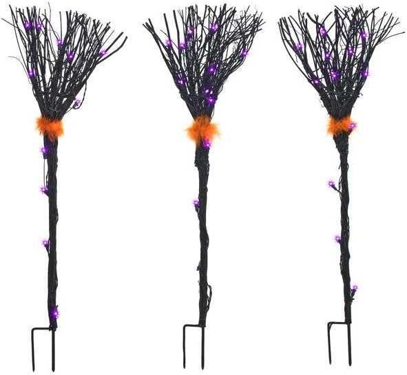 Set of 3 Witch Broomstick Pathway Lights Stakes Lighted