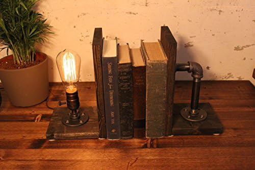 Industrial Steampunk bookend table pipe lamp with Classic Edison bulb and Weathered base