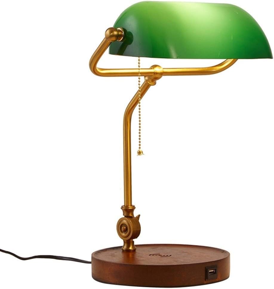 CHSXLL Table lamp- LED Wireless Charging Desk Lamp, Banker Lamp Supporting Wireless Charging, Emerald Green Glass Adjustable (Angle) Lampshade, Copper Color Lamp Body (Height Adjustable) (Color : B)