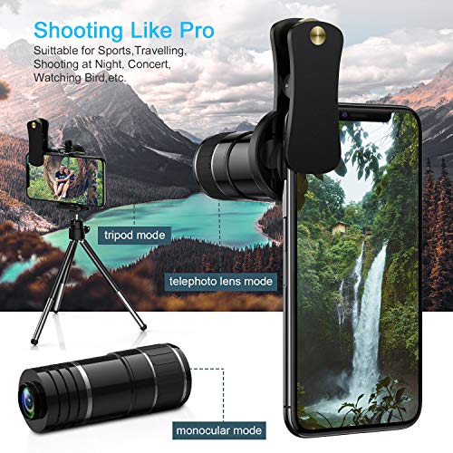 Phone Camera Lens, 5 in 1 iPhone Camera Lens Kit - 12x Telephoto Lens+180Â°Fisheye Lens+0.65x Wide Angle Lens+12x Macro Lens+Star Filter Lens,Phone Photography Video Lens with Tripod+Remote Shutter