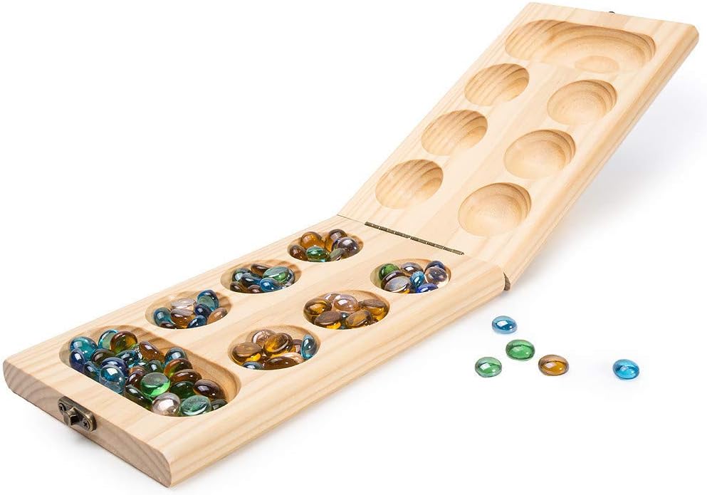 Amazon Mancala ボードゲームセット 折りたたみ式木製ボード マルチカラーガラスストーン ポータブルトラベルボードゲーム 子供と大人用 ボードゲーム おもちゃ