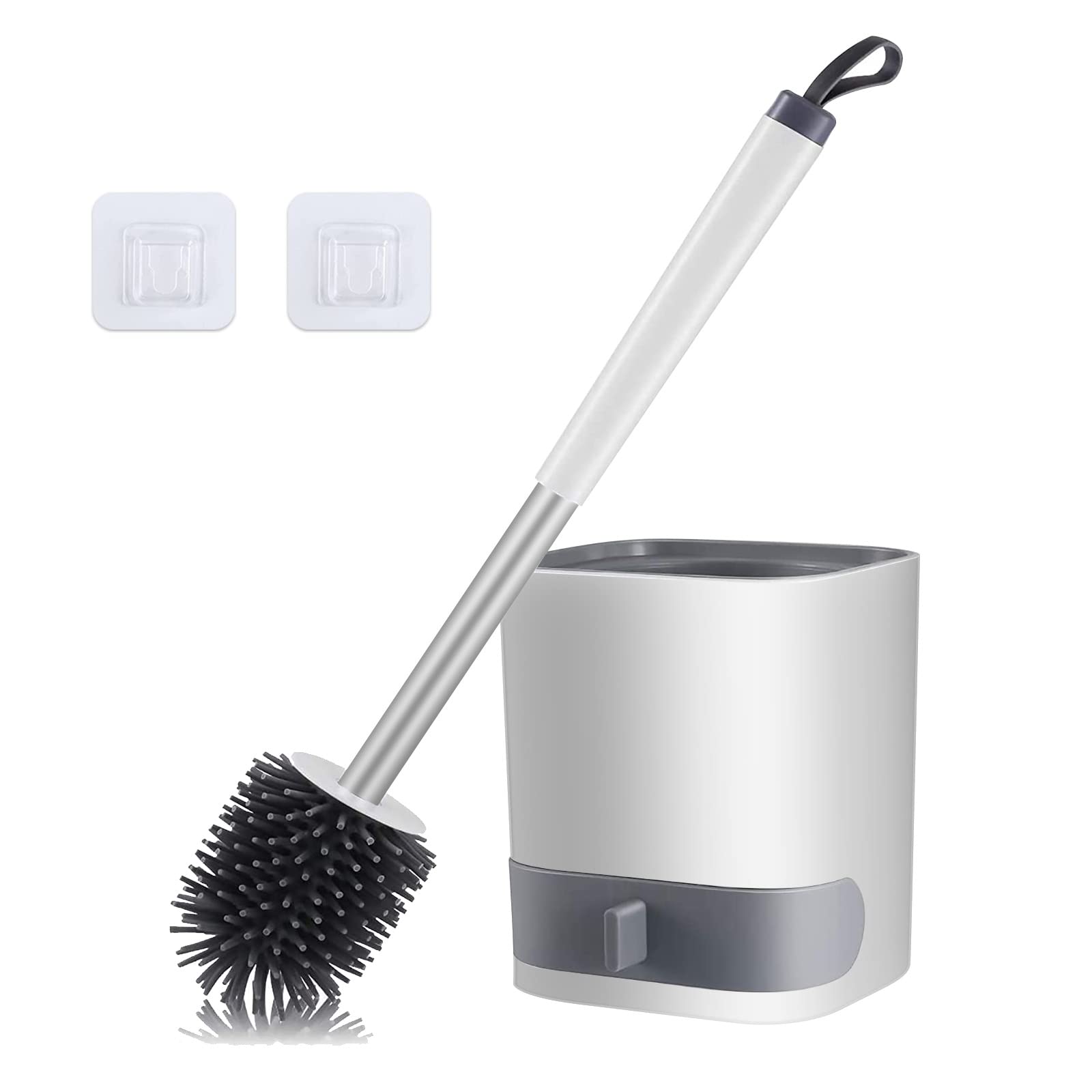 Toilet Brush, HIYAA Toilet Brushes & Holders Silicone, Toilet Cleaning Brush with Quick Drying Holder and No-Slip Stainless Steel Handle for Bathroom, White, 1 Pack