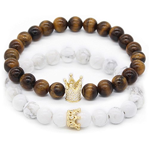8mm Beads Couple Bracelet King Queen Natural Stone Bracelet for Men and Women