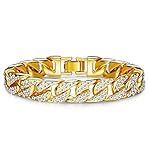 Thunaraz Mens Womens Chain Hiphop Curb Bracelet Cuban Silver Gold Plated Bracelet with Clear Rhinestones 8.5-9.5 Inch