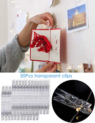 String Light with Clips, Photo Clip String Lights, 33Ft, 100 LED Fairy String Lights with 50 Clear Clips, 8 Modes USB Powered Warm White Lighting for Patio Halloween Christmas Party Wedding Decor