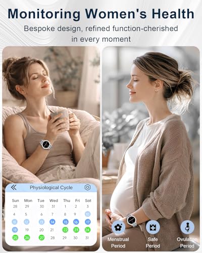 Reloj Inteligente Mujer con Llamadas, 1.27'' Smartwatch Mujer con Correa de Diamante, Compatible con Android/iOS, IP68 Impermeable Smart Watch Redondo con Monitor Sueño Pulsometro Sangre Presión Plata
