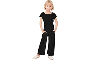 JiAmy Girls Jumpsuit Kids Casual Puffy Sleeve Romper Wide Leg Loose Rompers with Pockets 5-12 Years