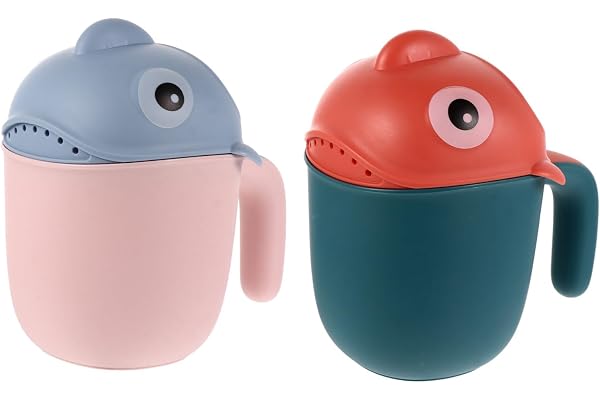 BEBEMOKO Baby Bath Rinse Cups Pp and TPE Shampoo Scoops 2pcs with Cartoon Shark Design, Easy to Use