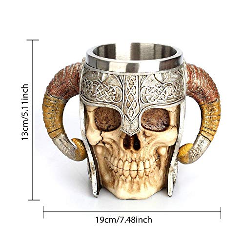 Mookis Viking Drinking Coffee Beer Mug, Stainless Steel Ram Horned Gothic Pirate Skull Mug, Medieval Style Skeleton Tankard Stein for Beer Wine Coffee Rum Drinking Water - 450 Ml(15 Oz)