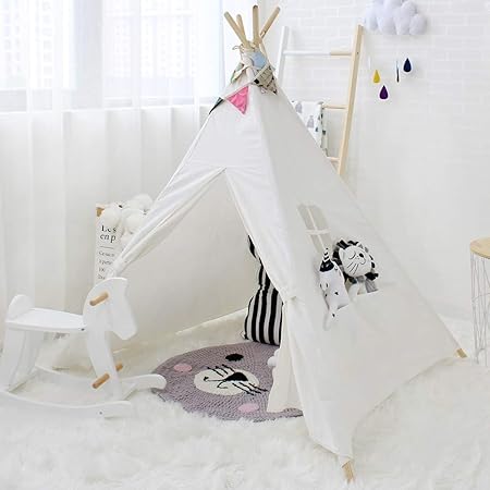 Lebze Tipi Zelt für Kinder Baumwolle - Segeltuch Spielzelt für Mädchen und Junge Weiß